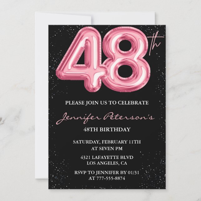 Black Pink Balloon Glam Glitter 48th birthday Invitation (Front)