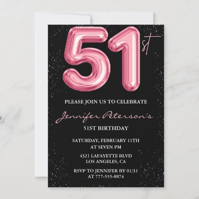Black Pink Balloon Glam Glitter 51st birthday Invitation (Front)