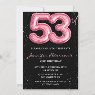 Black Pink Balloon Glam Glitter 53rd birthday Invitation