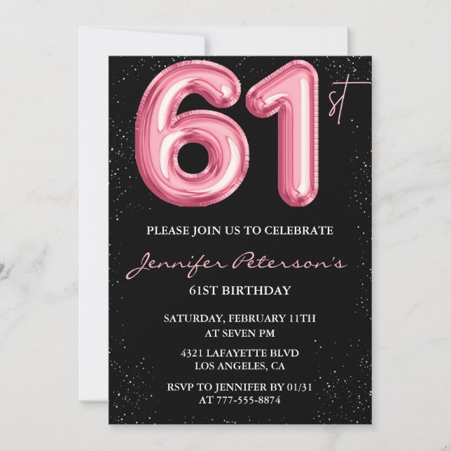 Black Pink Balloon Glam Glitter 61st birthday Invitation (Front)