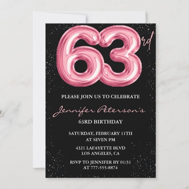 Black Pink Balloon Glam Glitter 63rd birthday Invitation (Front)