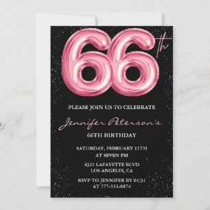 Black Pink Balloon Glam Glitter 66th birthday Invitation