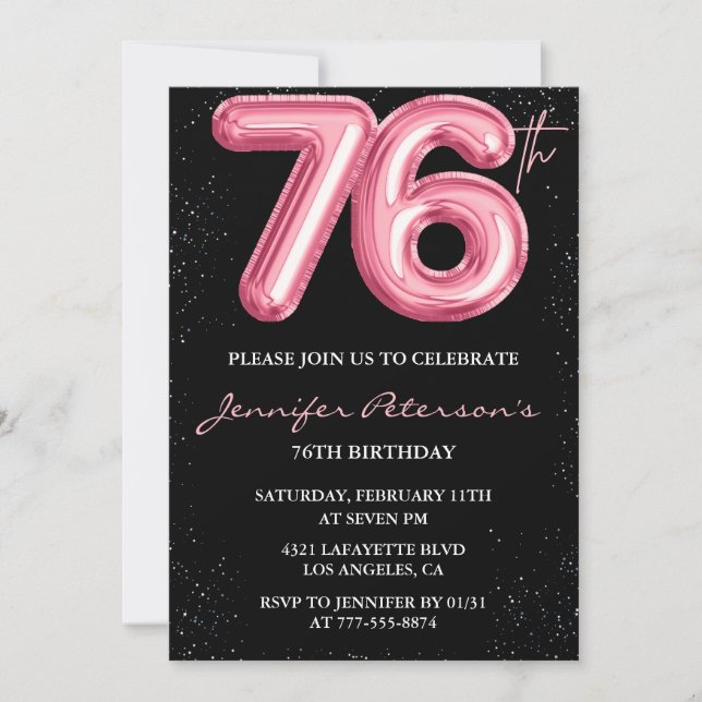 Black Pink Balloon Glam Glitter 76th birthday Invitation (Front)