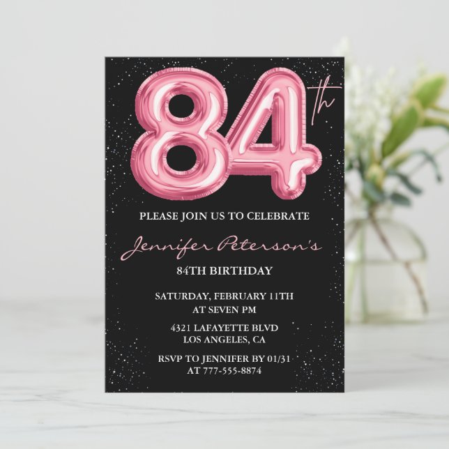 Black Pink Balloon Glam Glitter 84th birthday Invitation (Standing Front)