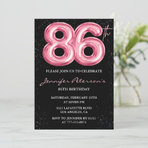 Black Pink Balloon Glam Glitter 86th birthday Invitation
