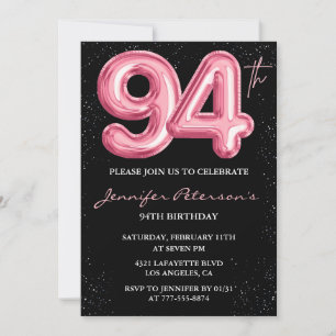 Black Pink Balloon Glam Glitter 94th birthday Invitation