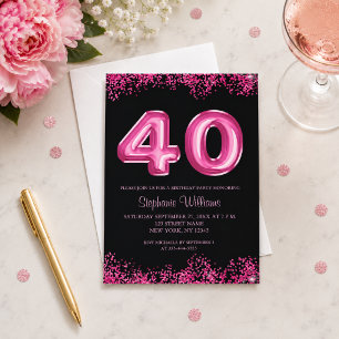 Black Pink Balloons Glitter 40th Birthday Party Invitation