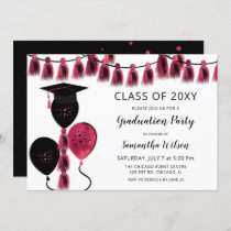 Black Pink Balloons Grad Hat Graduation Party Invitation