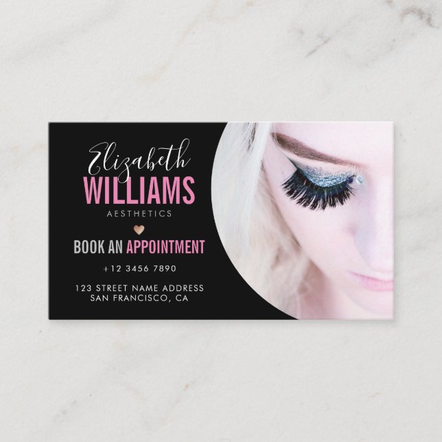 Black Pink Beauty Aesthetics with Photo Loyalty & Business Card (Front)