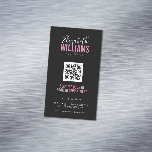 Black Pink Beauty Salon QR Code Business Card Magnet (In Situ)