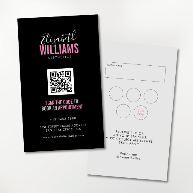 Black Pink Beauty Salon QR Code Loyalty & Business Card (Business card with QR code for booking appointment and loyalty rewards at the back.)