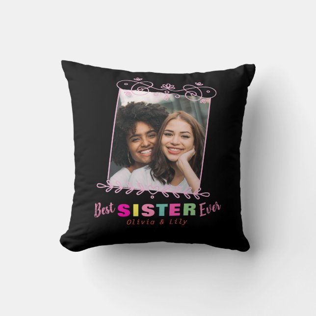 Black Pink Best Sister Ever BFF Photo Collage Throw Pillow (Front)