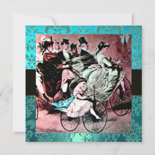 BLACK PINK BLUE BICYCLE WEDDING DAMASK MONOGRAM INVITATION