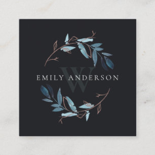 BLACK PINK BLUE FAUNA INITIAL WREATH PROFESSIONAL SQUARE BUSINESS CARD