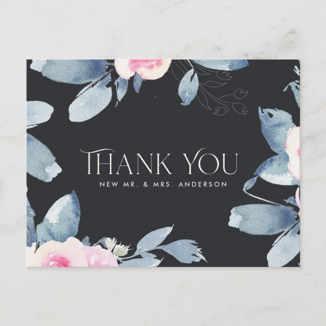 BLACK PINK BLUE FLORA WATERCOLOR WEDDING THANK YOU POSTCARD (Front)