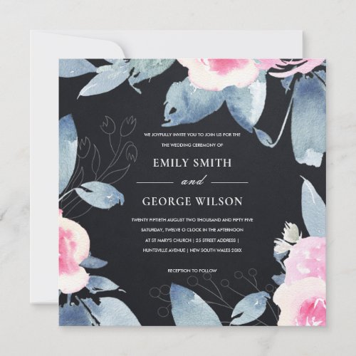 BLACK PINK BLUE FLORAL WATERCOLOR WREATH WEDDING INVITATION