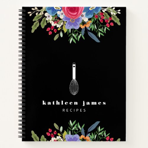 Black Pink Blue Flowers Balloon Whisk Name Notebook