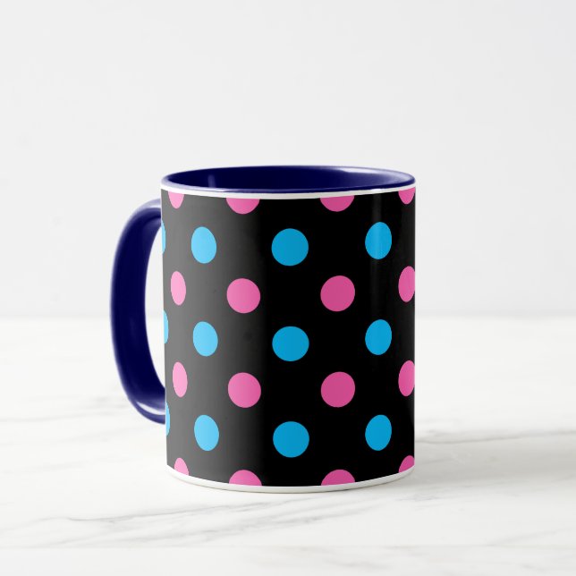 Black Pink Blue Polka Dot Pattern Mug (Front Left)