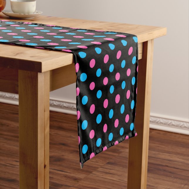 Black Pink Blue Polka Dot Pattern Short Table Runner (In Situ)