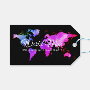 Black Pink Blue World Map Trip Globe Travel Agent Gift Tags