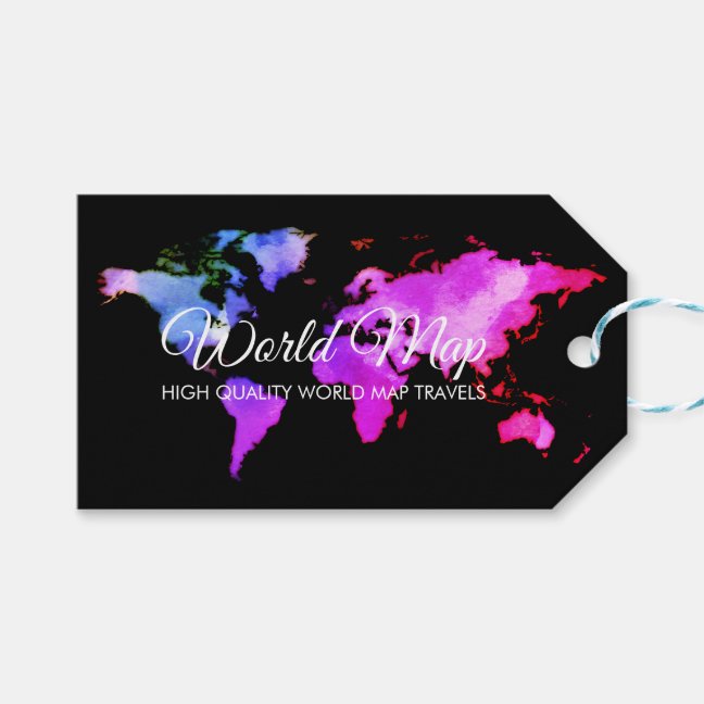 Black Pink Blue World Map Trip Globe Travel Agent Gift Tags