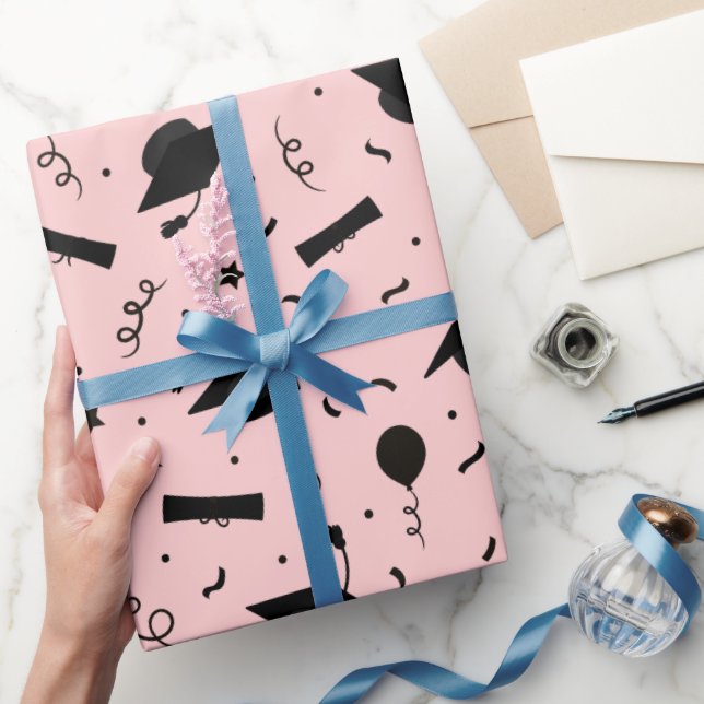 Black Pink Blush Graduation Cap Toss Wrapping Paper (Gifting)