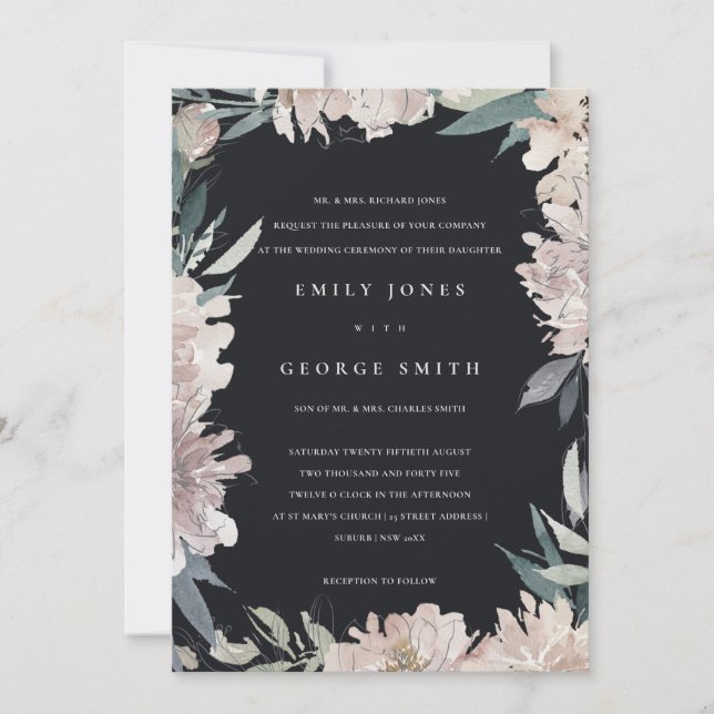 BLACK PINK BLUSH WATERCOLOR FLORAL WEDDING INVITE (Front)