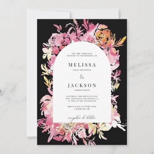 Black Pink  Blush Watercolor Flower Arch Wedding Invitation