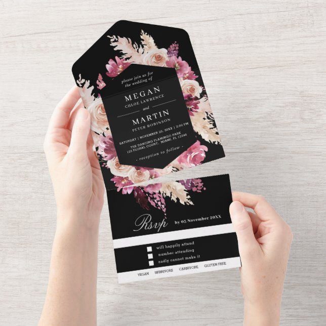 Black, Pink Boho Wedding All In One Invitation (Tearaway)