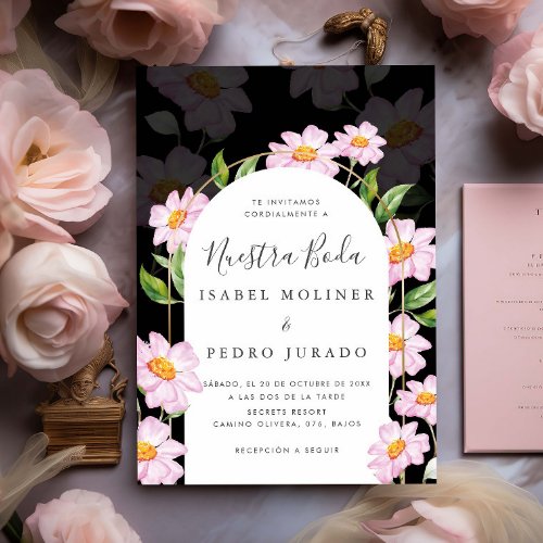 Black Pink Botanical Nuestra Boda Spanish Wedding Invitation
