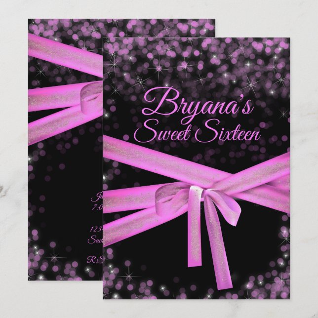 Black & Pink Bow Glitter Lights Sweet 16 Birthday Invitation (Front/Back)