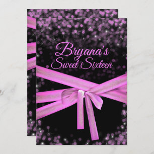 Black & Pink Bow Glitter Lights Sweet 16 Birthday Invitation
