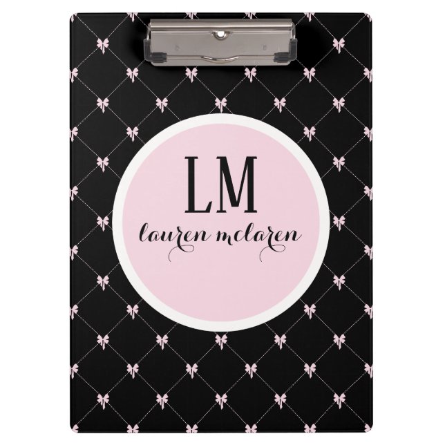 Black & Pink Bow Monogram Clipboard (Front)