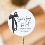 Black Pink Bow She's Tying the Knot Bridal Shower Classic Round Sticker<br><div class="desc">Add a stylish touch to your bridal shower favors with our Black Pink Bow She's Tying the Knot Bridal Shower Classic Round Sticker! Featuring a chic black design with a feminine pink bow, this elegant sticker is perfect for sealing envelopes, decorating gift bags, or adding a personal touch to your...</div>