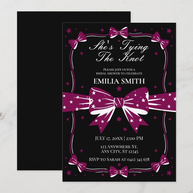 black pink Bows She's Tying the Knot Bridal Shower Invitation (Front/Back)