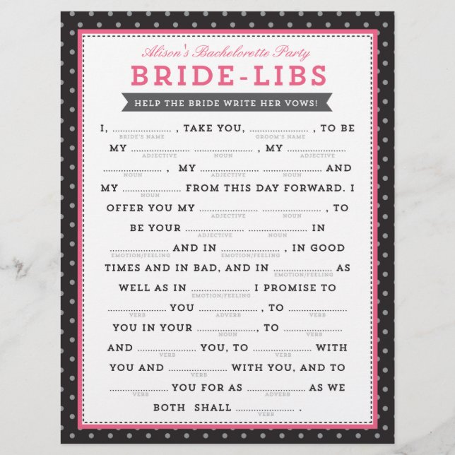 Black & Pink Bride Libs Game (Front)