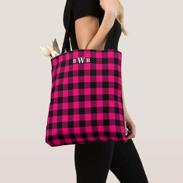 Black Pink Buffalo Plaid Monogram Tote Bag (Close Up)