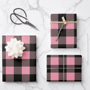 Black Pink Buffalo Plaid Pattern Wrapping Paper Sheets