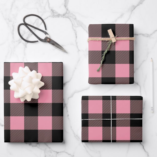 Black Pink Buffalo Plaid Pattern  Wrapping Paper Sheets (Front)