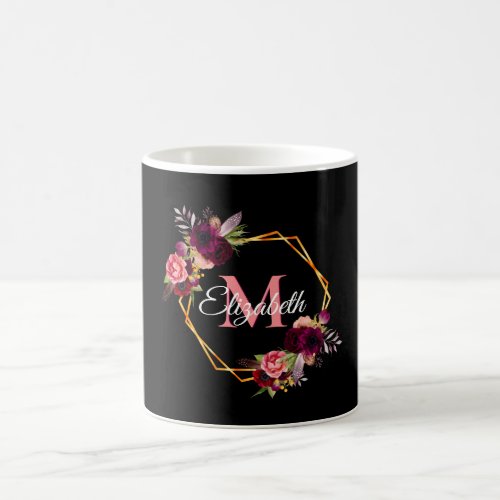 Black pink burgundy florals gold  monogram name coffee mug