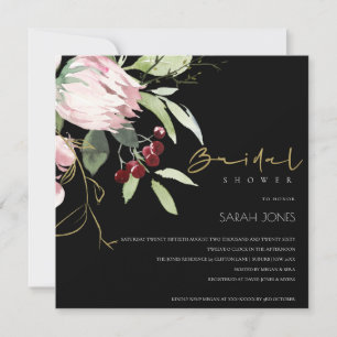 BLACK PINK BURGUNDY PROTEA FLORAL BRIDAL SHOWER INVITATION