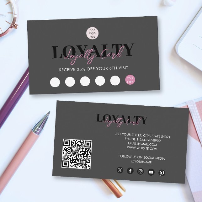 Black & Pink Business Logo QR Code Loyalty  Business Card (Black & Pink Business Logo QR Code Loyalty Business Card)