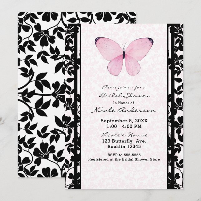 Black & Pink Butterfly Floral Bridal Shower Invitation (Front/Back)