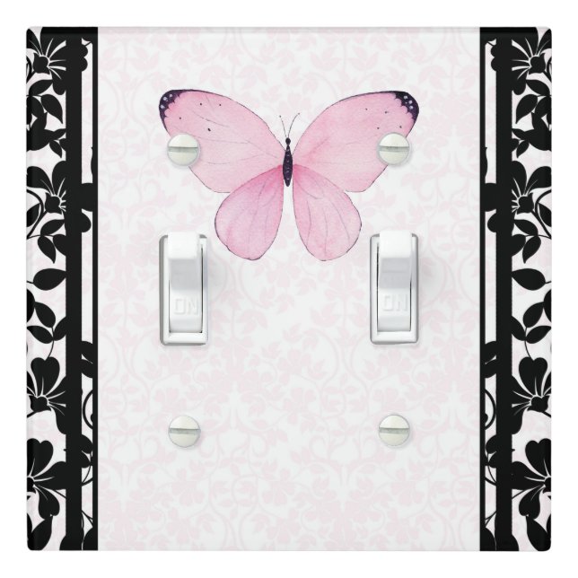 Black & Pink Butterfly Floral Girls Bedroom Light Switch Cover (In Situ)