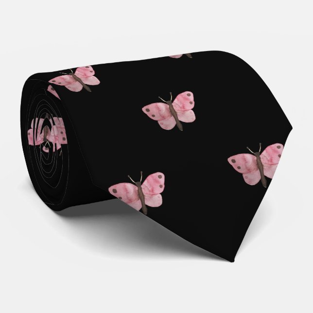 Black Pink Butterfly Wedding Professional Work Neck Tie (Rolled)