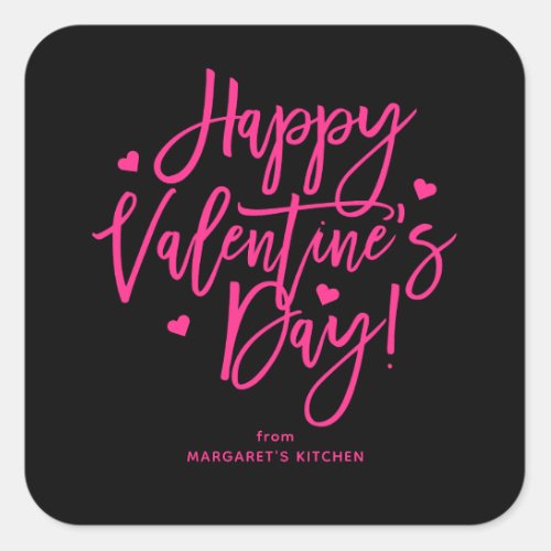 Black Pink Calligraphy Happy Valentines Day Square Sticker