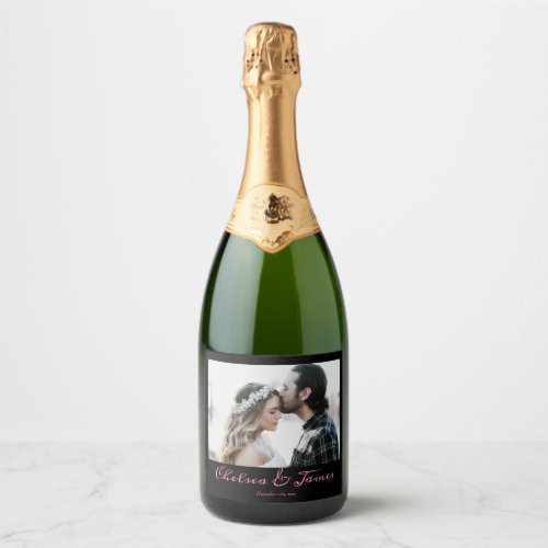 Black Pink Calligraphy Photo Wedding Party Bottle Sparkling Wine Label