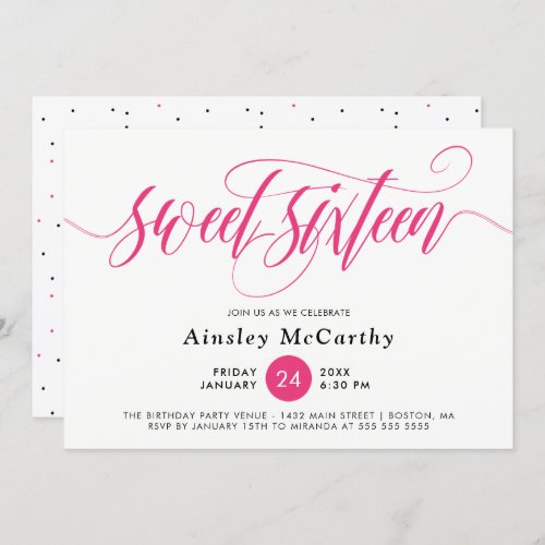 Black  Pink Calligraphy Swirls Sweet 16 Invitation