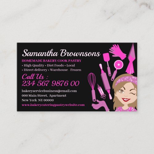 Black Pink Cartoon Lady Bakery Cake Pastry Cook Business Card