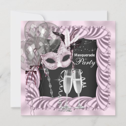 Black Pink Champagne Masquerade Party Custom Invites